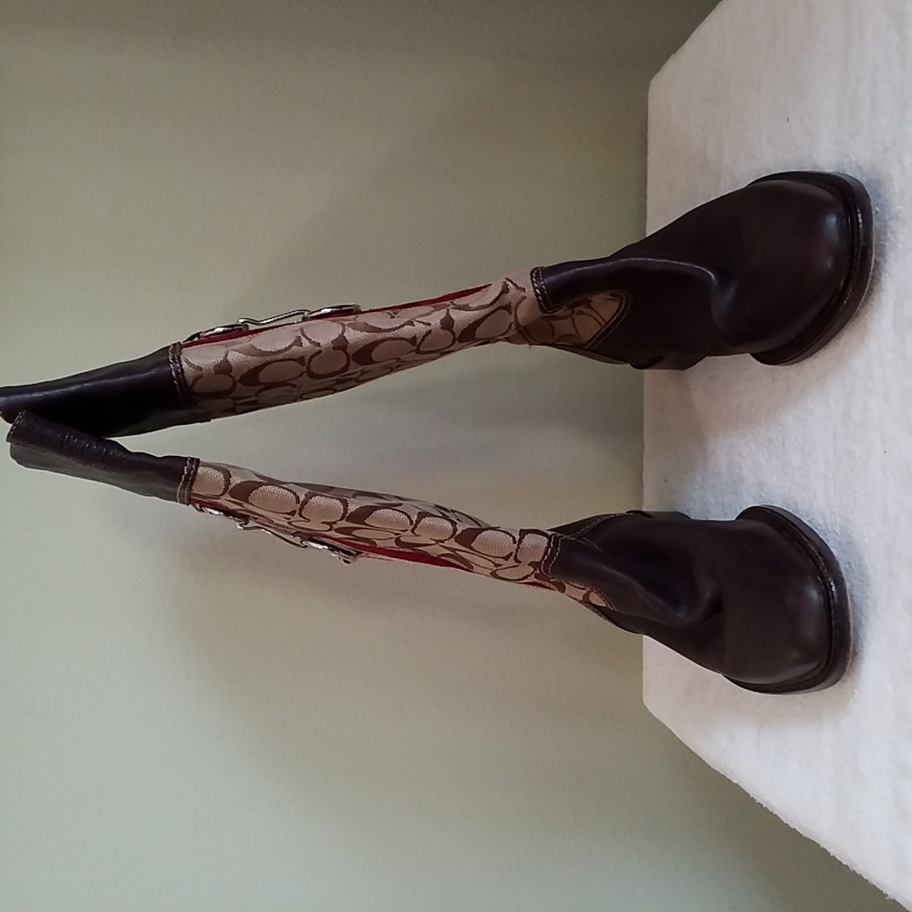 Coach Leather And Canvas Logo Riding Boots With Metal Bit Decoration Size 8 - Picture 3 of 9
